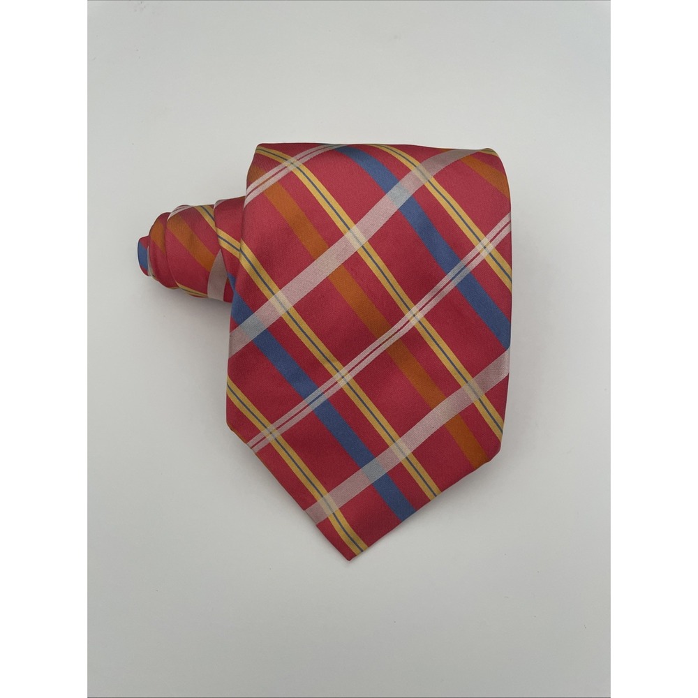 Robert Talbott Mens Red Plaid Silk Necktie Hand Sewn USA Blue Yellow Striped Tie
